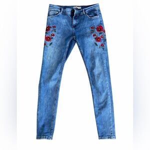 Zara Blue Skinny Jeans with Red Floral Embroidery